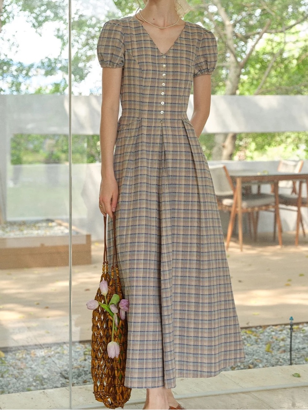 NWT Simple Retro Nyra V-Neck Plaid 100% Cotton Long Dress Blue Button Front Maxi